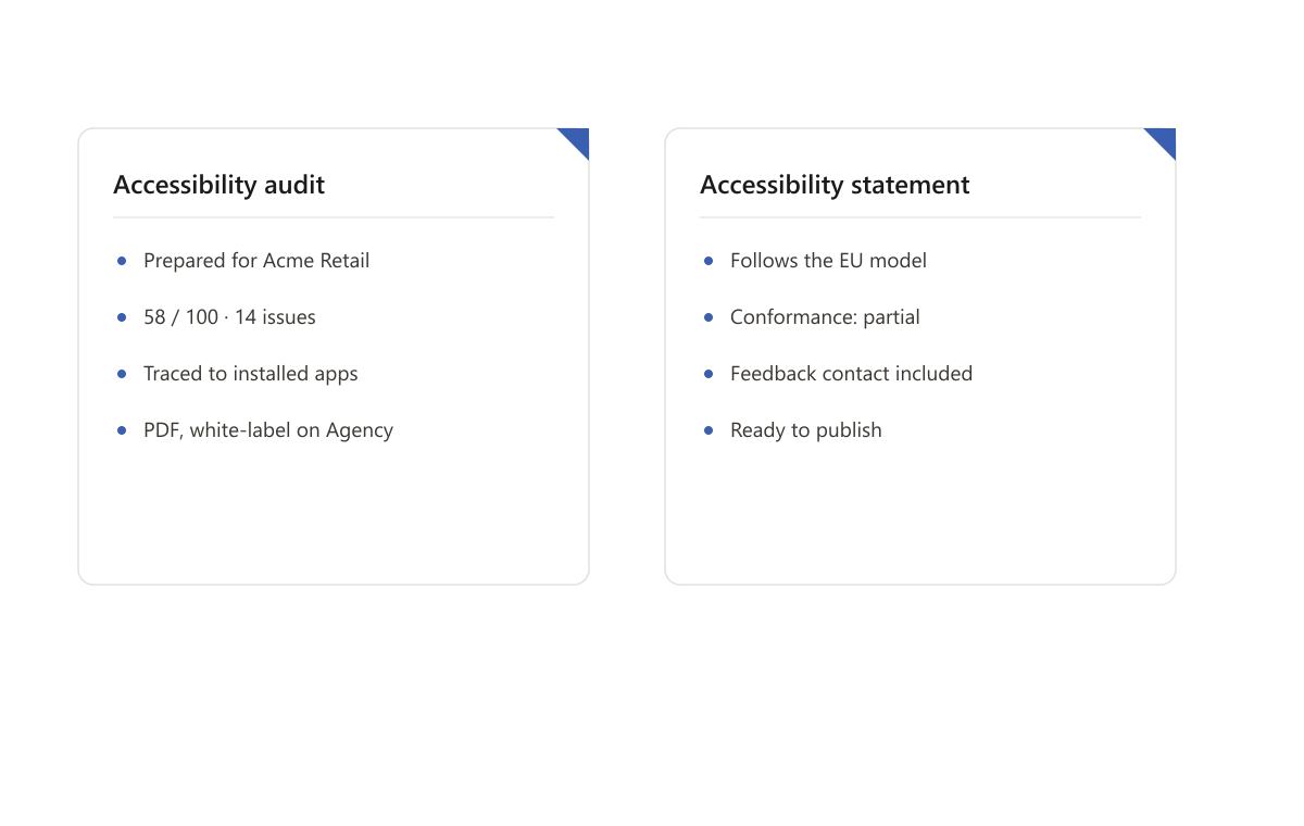 A white-label accessibility audit PDF prepared for a client, next to a generated accessibility statement ready to publish.
