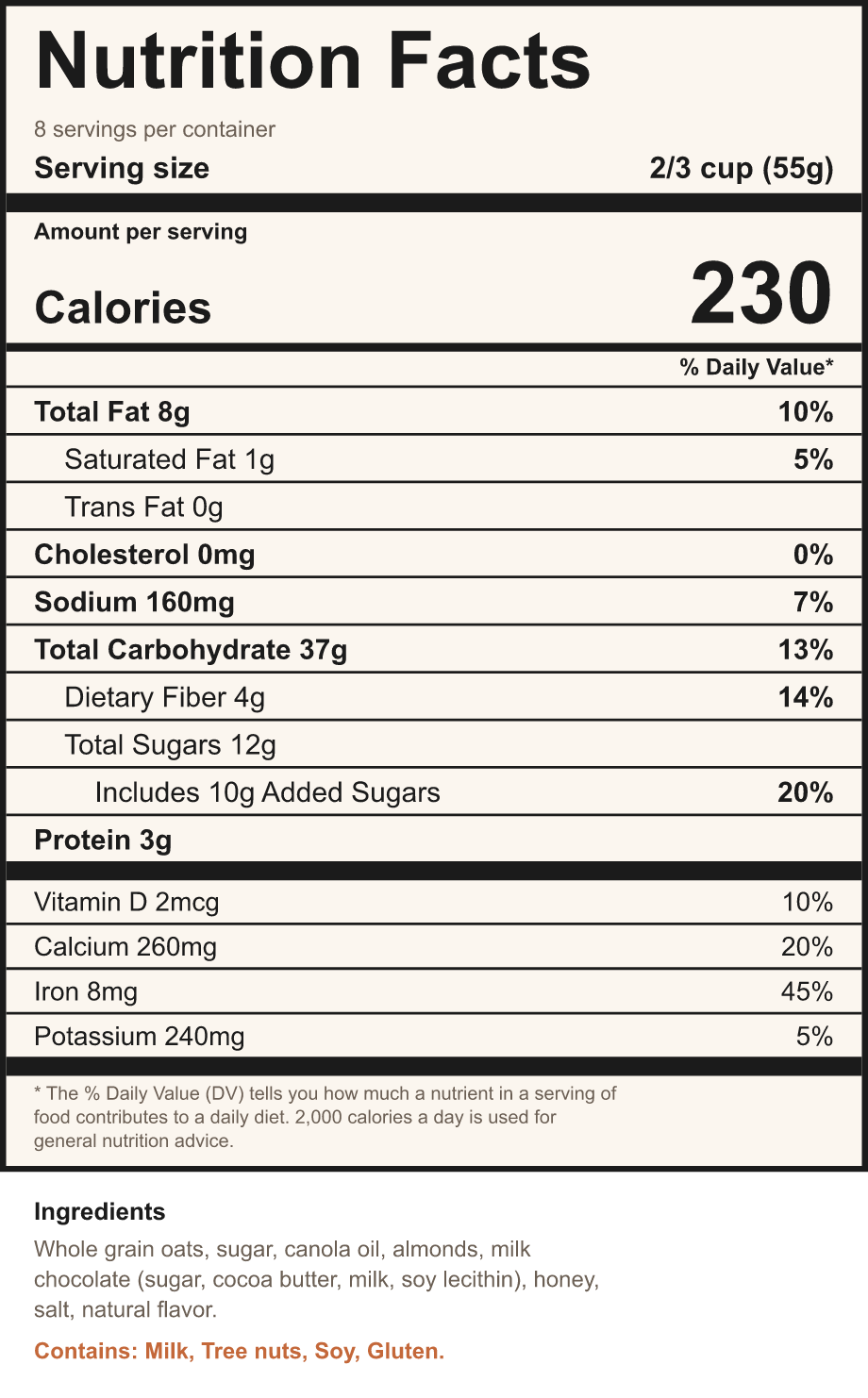 A Nutrition Facts panel in a warm cream style with a terracotta accent on the Contains line, showing the same panel can match a brand.